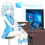  absurdres bad_id bad_pixiv_id blue_eyes blue_hair computer copyright_name crossed_legs dell desk hair_ornament hair_rings highres madobe_tooko os-tan sitting solo tablet windows_10 