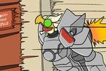  2016 aliasing anthro armor blur cosplay digital_media_(artwork) fire flat_colors horn kobold male open_mouth overwatch reptile scalie simple_background sir_squiggles_(character) solo text tongue trout_(artist) video_games 