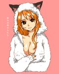  animal_hood bangs breasts brown_eyes cat_hood cleavage closed_mouth collarbone earrings frown head_tilt hood hooded_jacket hoodie jacket jewelry large_breasts long_hair long_sleeves lowres nami_(one_piece) one_piece orange_hair pearl pearl_earrings red_background senbei_(roof-lock) simple_background sleeves_past_wrists solo sweat translation_request upper_body 