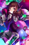  acronym arched_back ass bangs bodysuit boots bracer breasts brown_eyes brown_hair bubble_blowing chewing_gum cowboy_shot cube d.va_(overwatch) eyebrows eyebrows_visible_through_hair facepaint facial_mark from_behind gloves gun hand_up handgun headphones heart heart-shaped_pupils highres holding holding_gun holding_weapon hologram legs_apart long_hair long_sleeves looking_at_viewer looking_back mecha medium_breasts meka_(overwatch) overwatch pauldrons pilot_suit ribbed_bodysuit shoulder_pads skin_tight solo space squchan star_(sky) symbol-shaped_pupils thigh_boots thigh_strap thighhighs turtleneck weapon whisker_markings white_footwear white_gloves 