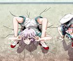  :&lt; :o blue_hair blush chest_stand crack cracked_wall double_v eyepatch flexible green_eyes hat kabe_ni_hamatte_ugokenai! kantai_collection kiso_(kantai_collection) looking_at_viewer multiple_girls neckerchief open_mouth parody purple_hair red_eyes sailor_collar school_uniform serafuku shirt shoes short_hair short_sleeves shorts sparkle spread_legs stuck tama_(kantai_collection) tears through_wall tk8d32 v wall 