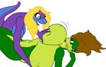  anthro ashley_brooks bent_over big_breasts blonde_hair blue_eyes breasts brown_hair female green_eyes hair huge_breasts lizard lying on_back reptile samantha_brooks sarcolopter scalie sibling simple_background sisters white_background 