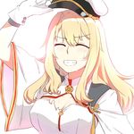  bad_id bad_pixiv_id blonde_hair blush closed_eyes gloves grin hat hat_removed headwear_removed highres holding holding_hat kongou_(zhan_jian_shao_nyu) lulu_heika peaked_cap smile solo torn_clothes white_gloves wide_sleeves zhan_jian_shao_nyu 