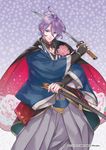  blue_eyes company_name copyright flower hakama homerun_ken japanese_clothes kasen_kanesada katana male_focus nitroplus official_art petals purple_hair sheath smile solo sword touken_ranbu watermark weapon 