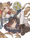  adapted_costume ankle_boots blue_eyes blush boots brown_footwear draph granblue_fantasy hallessena highres horns long_hair miu_(minnncho) orange_hair plaid plaid_skirt pointy_ears red_skirt simple_background skirt solo tears thighhighs very_long_hair white_background white_legwear 