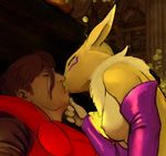  2016 anthro armor black_nose breasts bridal_gauntlets brown_hair canine clothed clothing digimon duo eyes_closed female fox fur hair hattonslayden hi_res human human_on_anthro inside interspecies kissing male male/female mammal mostly_nude navel nipples renamon teeth tongue tuft white_fur yellow_fur 