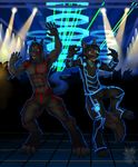  5_fingers abs anthro black_hair black_nose black_tail blue_eyes brown_tail canine clothed clothing dipstick_tail duo_focus eye_contact group hair inside male mammal multicolored_tail open_mouth rave red_eyes sharp_teeth teeth vallhund watermark wolf 