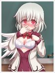  blush bra breasts cleavage hand_over_face jacket kishin_sagume medium_breasts open_clothes open_shirt purple_skirt red_eyes ry shirt single_wing skirt solo touhou underwear white_bra white_hair wings 