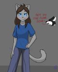  2019 absurd_res anthro blush cat clothed clothing dialogue disembodied_head duo english_text feline female frmcast351 fully_clothed hi_res looking_at_viewer lucy_(ἡ&mu;έ&rho;&alpha;) mammal nyx_(nyxthewolf101) peeing simple_background solo_focus succubus text urine watersports wetting 