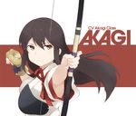  akagi_(kantai_collection) archery armpit_peek armpits bad_id bad_twitter_id bangs black_hair bow_(weapon) character_name clenched_hands closed_mouth eyebrows eyebrows_visible_through_hair gloves holding holding_bow_(weapon) holding_weapon kantai_collection kyuudou long_hair looking_at_viewer multicolored multicolored_background multicolored_hair muneate partly_fingerless_gloves single_glove solo souji tasuki two-tone_hair upper_body weapon yellow_eyes yugake 