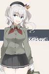  alternate_costume bad_id bad_tumblr_id bangs beret black_skirt breasts buttons collared_shirt cowboy_shot eyebrows eyebrows_visible_through_hair gloves grey_shirt hat holding kantai_collection kashima_(kantai_collection) large_breasts long_hair long_sleeves looking_to_the_side multicolored multicolored_background neckerchief open_mouth pleated_skirt shirt sidelocks signature silver_hair skirt smile solo souji standing twintails two-tone_background white_gloves 
