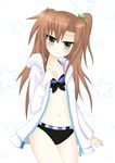  absurdres bad_id bad_pixiv_id blush bow brown_hair green_eyes hair_bow hair_ornament highres if_(choujigen_game_neptune) jacket long_hair looking_at_viewer navel neptune_(series) ribbon solo swimsuit yasei 