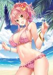  :d absurdres ass_visible_through_thighs beach bead_bracelet beads bikini blush bow_bikini bracelet breasts cleavage cloud cowboy_shot day earrings flower frilled_bikini frills hair_flower hair_ornament highres hoop_earrings idolmaster idolmaster_cinderella_girls jewelry jougasaki_mika kazuchi large_breasts long_hair looking_at_viewer navel open_mouth outdoors palm_tree pink_bikini pink_hair polka_dot polka_dot_bikini sideboob sky smile solo swimsuit tree yellow_eyes 