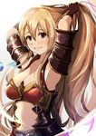  adjusting_hair armor armpits arms_behind_head bad_id bad_pixiv_id black_gloves blonde_hair breasts cleavage detached_sleeves gloves granblue_fantasy kanzaki_kureha long_hair looking_at_viewer medium_breasts navel open_mouth ponytail red_eyes smile solo upper_body vira_lilie 