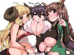  ;) ahoge anila_(granblue_fantasy) animal_ears antenna_hair asymmetrical_docking bare_shoulders blush breast_hold breast_press breasts carmelina_(granblue_fantasy) cleavage commentary_request covered_nipples danua demon_horns draph granblue_fantasy grin hair_ornament heavy_breathing highres horns huge_breasts long_hair looking_at_viewer multiple_girls navel nose_blush one_eye_closed oohira_sunset sheep_horns sleeveless smile underboob upper_body v 