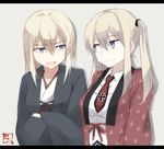  alternate_costume bad_id bad_tumblr_id bangs bismarck_(kantai_collection) black_ribbon blonde_hair blue_eyes breasts closed_mouth collarbone collared_shirt crossed_arms eye_contact eyebrows eyebrows_visible_through_hair graf_zeppelin_(kantai_collection) grey_background hair_between_eyes hanten_(clothes) iron_cross japanese_clothes kantai_collection kimono letterboxed long_hair long_sleeves looking_at_another medium_breasts multiple_girls necktie open_mouth print_kimono red_ribbon ribbon shadow shirt sidelocks signature simple_background smile souji twintails upper_body white_shirt 
