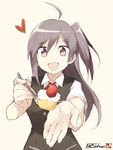  :d ahoge bad_id bad_tumblr_id bangs black_vest buttons cake collared_shirt eyebrows eyebrows_visible_through_hair feeding food fruit hagikaze_(kantai_collection) hair_between_eyes heart holding holding_spoon kantai_collection long_hair looking_at_viewer one_side_up open_mouth pink_background pocket pov_feeding purple_eyes purple_hair red_ribbon ribbon shirt short_sleeves signature simple_background sleeveless smile solo souji spoon strawberry twitter_username upper_body vest white_shirt 