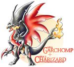  2016 alternate_species black_horn black_scales black_sclera claws dragon english_text fan_character fin fire horn hybrid looking_at_viewer mega_charizard mega_charizard_x mega_evolution mega_garchomp membranous_wings nintendo open_mouth orange_eyes pok&eacute;mon pokemon_fusion red_scales scales scalie seoxys6 sharp_teeth simple_background slit_pupils spikes teeth text toe_claws tongue traditional_media_(artwork) video_games watercolor_(artwork) watermark white_background white_claws wings yellow_scales 