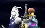  asriel_dreemurr boss_monster boysketch capcom caprine dante devil_may_cry goat gun handgun human katana looking_at_viewer male mammal melee_weapon pistol protagonist_(undertale) ranged_weapon sword undertale video_games virgil weapon 