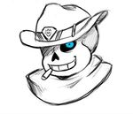  animated_skeleton bone cigar clothed clothing cowboy_hat hat male mccree_(overwatch) overwatch sans_(undertale) scarf simple_background skeleton skull smile smoke smoking undead undertale unknown_artist video_games 