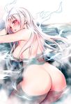  :o albino ass blush breasts colored_eyelashes ghost highres large_breasts long_hair looking_at_viewer looking_back miura_tadahiro no_pupils nude official_art open_mouth partially_submerged pink_hair red_eyes solo triangular_headpiece water wet yunohana_yuuna yuragisou_no_yuuna-san 
