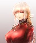  bangs blonde_hair braid breasts epaulettes fate/grand_order fate_(series) florence_nightingale_(fate/grand_order) gradient gradient_background high_collar hometa jacket large_breasts long_hair looking_at_viewer military military_uniform parted_lips red_eyes red_jacket sidelocks sketch smile solo uniform upper_body 