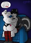  black_fur butt canine clothed clothing deke dialogue duo family_guy fur gaming jasper_(family_guy) male male/male mammal skunk tattoo tbfm text underwear white_fur 