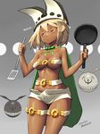  ... 1girl alternate_hair_color alternate_hair_length arc_system_works bare_shoulders belt belt_bra blonde_hair breasts cape cleavage dark_skin frying_pan grey_background guilty_gear hat hips looking_aside midriff neck_ribbon ramlethal_valentine red_eyes short_shorts spatula sweatdrop thigh_gap thigh_strap translated underboob zaki_(narashigeo) 