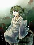  barrel bucket green_eyes green_hair hair_bobbles hair_ornament japanese_clothes kisume long_sleeves namuko rain rock sitting solo touhou twintails wide_sleeves wooden_bucket 