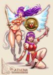  angel_wings asamiya_athena athena_(series) bead_necklace beads bikini bracelet breasts crossover dual_persona earrings flats full_body hairband hayakawa_sonchou highres jewelry long_hair medium_breasts multiple_girls navel necklace pants princess_athena puffy_short_sleeves puffy_sleeves purple_eyes purple_hair red_bikini shield short_sleeves snk swimsuit sword the_king_of_fighters the_king_of_fighters_'95 underboob weapon wings 
