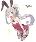  alternate_costume animal_ears asashimo_(kantai_collection) bangs bare_arms bare_shoulders breasts bunny_ears bunny_girl bunny_tail bunnysuit collarbone cowboy_shot cropped_legs detached_sleeves eyebrows fake_animal_ears fang goekawa green_eyes grey_legwear hair_over_one_eye hands_on_own_thighs kantai_collection lavender_hair leaning_forward long_hair looking_at_viewer open_mouth pantyhose ponytail simple_background small_breasts solo sparkle tail white_background wrist_cuffs 
