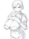  bangs boudica_(fate/grand_order) bra breasts cleavage cleavage_cutout fate/grand_order fate_(series) from_above gloves hands_on_own_chest hometa huge_breasts jacket monochrome navel open_mouth parted_bangs short_ponytail shrug_(clothing) sketch smile solo thong underwear upper_body white_background 