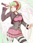  ! 1girl artist_name bob_cut buttons choker collarbone corset cropped_jacket dejaguar dress green_eyes green_hair halftone halftone_background headphones leggings midriff open_mouth phonon_(under_night_in-birth) pink snake striped under_night_in-birth whip 