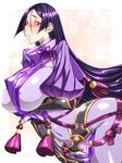  black_hair blush bodysuit breasts covered_navel covered_nipples curvy ebido eyebrows fate/grand_order fate_(series) highres huge_breasts japanese_clothes lips long_hair looking_down minamoto_no_raikou_(fate/grand_order) purple_bodysuit purple_eyes shiny shiny_clothes solo thighs very_long_hair wide_hips 