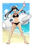  2016 :d arm_behind_back arm_up armpits bangs barefoot beach bikini bikini_bottom bikini_top blue_sky bow brown_eyes brown_hair cloud commentary_request cup day detached_collar front-tie_top full_body hair_ribbon hiro_(chumo) holding holding_cup kantai_collection navel ocean open_mouth ribbon round_teeth shaved_ice sky smile solo swimsuit teeth tone_(kantai_collection) twintails 