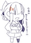  bangs chibi commentary_request crossed_arms folded_ponytail full_body hair_between_eyes hair_ornament hairclip inazuma_(kantai_collection) kantai_collection miniskirt neckerchief open_mouth pekeko_(pepekekeko) school_uniform serafuku sidelocks sketch skirt socks solo translated 