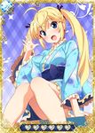  black_ribbon blonde_hair blue_eyes card_(medium) grisaia_(series) grisaia_no_kajitsu hair_ribbon japanese_clothes kimono kuuchuu_yousai long_hair matsushima_michiru open_mouth ribbon sitting solo twintails yukata 