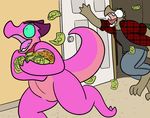  2016 aliasing angry anthro clothed clothing digital_media_(artwork) flannel horn kobold lizard male money nude open_mouth pants reptile scalie shirt simple_background solo spaffy teeth tongue trout_(artist) trout_(character) 
