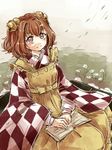  apron book checkered checkered_clothing hair_between_eyes motoori_kosuzu namuko red_eyes red_hair seiza sitting solo touhou two_side_up 