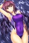  afloat arm_at_side arm_up armpits bare_arms bare_shoulders blush breasts competition_swimsuit covered_navel cowboy_shot emanon123 fate/grand_order fate_(series) from_above highres large_breasts long_hair looking_at_viewer looking_up one-piece_swimsuit panties purple_swimsuit red_eyes scathach_(fate)_(all) scathach_(fate/grand_order) solo swimsuit thigh_gap thighs underwear very_long_hair wakamezake water 