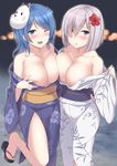  asymmetrical_docking bare_shoulders blue_dress blue_eyes blush breast_press breasts cleavage collarbone dress face_mask flower fox_mask hair_flower hair_ornament hair_over_one_eye hamakaze_(kantai_collection) japanese_clothes kantai_collection kimono kimono_pull large_breasts legs long_sleeves looking_at_viewer mask multiple_girls night obi off_shoulder open_mouth sama_samasa sash silver_hair smile standing standing_on_one_leg urakaze_(kantai_collection) wide_sleeves 