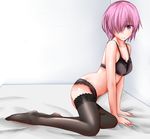  arm_support black_bra black_legwear black_panties bra breasts cleavage fate/grand_order fate_(series) full_body highres lace lace-trimmed_bra lace-trimmed_panties lace-trimmed_thighhighs looking_at_viewer mash_kyrielight medium_breasts panties purple_eyes purple_hair short_hair solo thighhighs underwear white_background wrinkles yin_man_tong_xing 