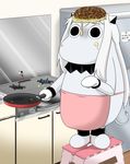  apron comic commentary cooking food food_on_face food_on_head frying_pan full_body horns jewelry kantai_collection kitchen long_hair mittens moomin muppo northern_ocean_hime object_on_head okonomiyaki refrigerator revision sazanami_konami shinkaisei-kan standing standing_on_object step stool stove translated 