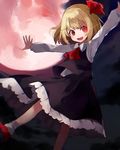  ascot blonde_hair glowing glowing_eye hair_ribbon long_sleeves looking_at_viewer moon night night_sky open_mouth outstretched_arms red_eyes red_moon ribbon rumia sharp_teeth shirt short_hair shugao skirt skirt_set sky smile socks solo teeth touhou vest 