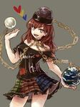  bare_shoulders breasts chain checkered checkered_skirt cleavage clothes_writing collarbone cowboy_shot earth_(ornament) hecatia_lapislazuli medium_breasts miniskirt moon_(ornament) multicolored multicolored_clothes multicolored_skirt namuko off_shoulder red_eyes red_hair skirt slit_pupils solo touhou 
