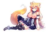  1girl aftersex ahoge animal_ears bare_shoulders black_legwear black_thighhighs blonde_hair blush boots chains cleavage collar cum detached_sleeves dress dress_lift female fox_ears fox_tail full_body hair_ornament kitsunemimi large_breasts long_hair looking_at_viewer lying nipples no_bra on_side one_eye_closed open_mouth red_eyes ribbon-trimmed_legwear semen_on_body semen_on_breasts semen_on_clothes simple_background solo strapless_dress thighhighs torn_thighhighs white_background zhu_fun 