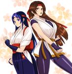  alternate_breast_size alternate_hair_length alternate_hairstyle back-to-back blue_eyes blue_hair breasts brown_eyes brown_hair commentary_request cowboy_shot dougi fighting_stance fingerless_gloves floral_background gloves hachimaki hair_down hairband hakama haruno_(haruno-kgr) headband hip_vent japanese_clothes large_breasts multiple_girls ryuuko_no_ken sash spandex the_king_of_fighters toudou_kasumi yuri_sakazaki 