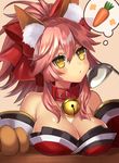  animal_ears bangs bare_shoulders bell bell_collar bow breast_rest breasts carrot cleavage collar detached_sleeves eyelashes fate/grand_order fate_(series) fox_ears fox_tail fur gloves hair_between_eyes hair_bow hair_ribbon japanese_clothes jingle_bell large_breasts long_hair looking_at_viewer minami_ikkei paw_gloves paws pink_hair ponytail pout red_bow ribbon sidelocks simple_background solo spatula tail tamamo_(fate)_(all) tamamo_cat_(fate) thought_bubble upper_body yellow_eyes 