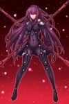 bodysuit breasts covered_navel dual_wielding fate/grand_order fate_(series) full_body gae_bolg highres holding holding_weapon large_breasts long_hair pauldrons polearm purple_bodysuit purple_hair red_eyes scathach_(fate)_(all) scathach_(fate/grand_order) solo tnk_(p_freaks) very_long_hair weapon 