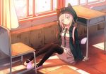  backpack bag black_legwear chair cherry_blossoms classroom danganronpa desk flipped_hair hair_ornament hairclip highres hood hoodie indoors nanami_chiaki pink_eyes pink_footwear pink_hair pleated_skirt school_desk school_uniform shoes short_hair skirt solo sunset super_danganronpa_2 thighhighs tianya_beiming window 